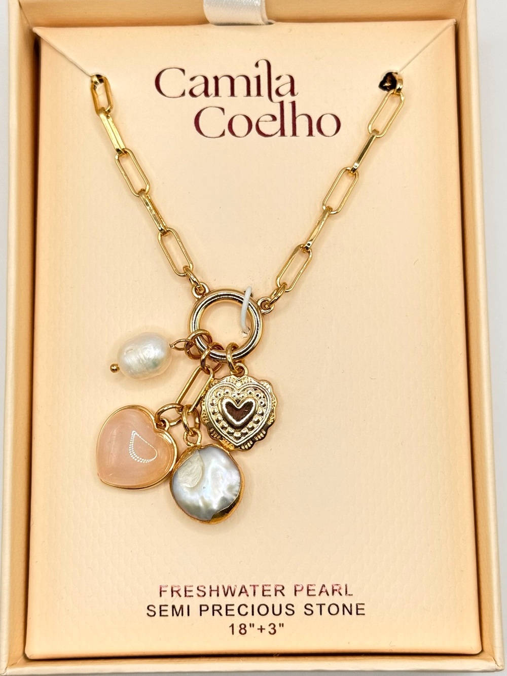 Camila Coelho Freshwater Pearl & Natural Stone Charm Paperclip Necklace NIB